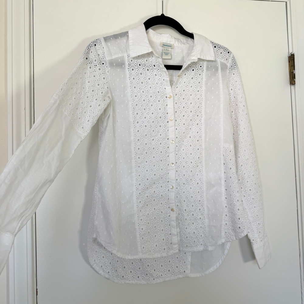Sundance Womens‎ White Cotton Eyelet Lace Swiss Dot Patchwork Button Shirt XS - Picture 3 of 8